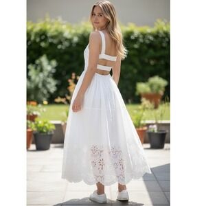 Innovare Denim Kajsa Backless Floral Maxi Dress White Eyelet Lace Size Large NWT